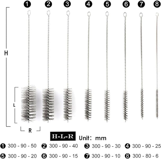 12 Inch Pipe Cleaning Brush Set with Stainless Steel Bristles, Tube Bottle Brush Kit, 8 Sizes for Auto Parts, Bottles, Guns, Tubes, Etc.