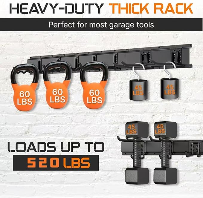 "48 Garage Tool Organizer Wall Mount - Heavy Duty 520lbs Metal Storage Rack, Easy Install Adjustable Hooks for Garden Tools Brooms