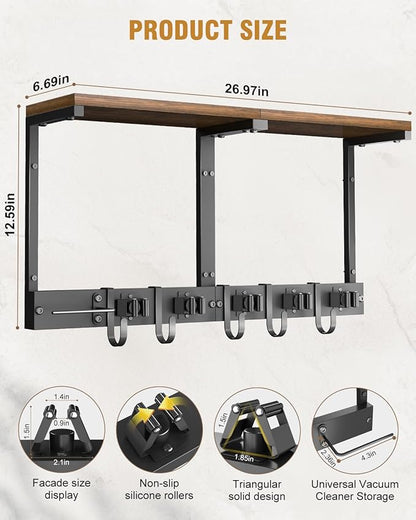 Broom Holder Wall Mount with Top Wooden Shelf, Heavy Duty Metal Cleaning Supplies Broom Hanger with Vacuum Organizer and 5 Slots & 5 Hooks for Garage Tool Storage Laundry Kitchen (Large)