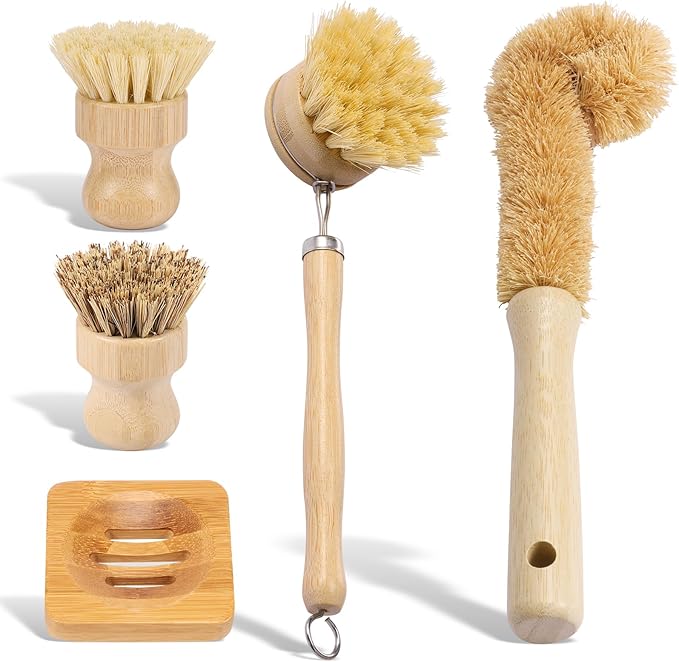 5 Pcs Bamboo Dish Brush Set Practical Dish Cleaning Brush Set Multifunctional Dish Washing Brush Set Ergonomic Kitchen Brush Set for Kitchen Cleaning Pots Pans Dishes