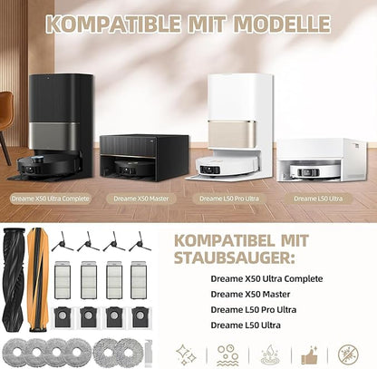 Dreame X50 Ultra Replacement Parts Accessories for Dreame X50 Ultra Complete L50 Ultra X50 Master L40s Pro Ultra MOVA V50 Mop Pads X6 Dust Bags X4; HEPA Filter X4; Main Brushes X2; Side Brushes X4