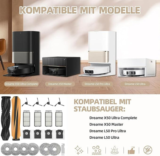 Dreame X50 Ultra Replacement Parts Accessories for Dreame X50 Ultra Complete L50 Ultra X50 Master L40s Pro Ultra MOVA V50 Mop Pads X6 Dust Bags X4; HEPA Filter X4; Main Brushes X2; Side Brushes X4