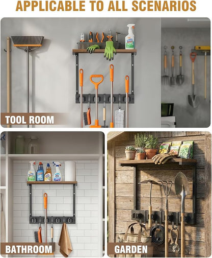 Broom Holder Wall Mount with Top Wooden Shelf, Heavy Duty Metal Cleaning Supplies Broom Hanger with 4 Slots & 3 Hooks for Laundry Garage Tool Storage Kitchen (Small)