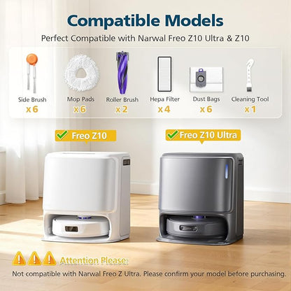 25-Pack Freo Z10 Replacement Parts Accessories for Narwal Freo Z10 / Freo Z10 Ultra Vacuum Cleaner, Include 2 Roller Brushes, 6 Side Brushes, 4 Filters, 6 Mop Pads, 6 Dust Bags and 1 Cleaning Brush