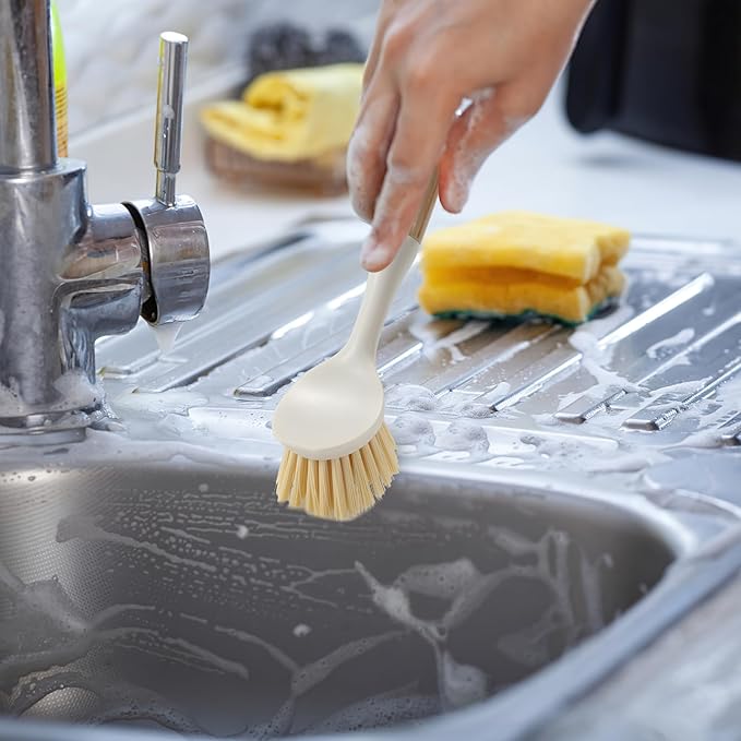 Dish Brush with Built-in Scraper - 4 Pack Bamboo Dish Scrubber Brush with Handle, Kitchen Brushes for Dishes & Pots, Sink, Eco Cleaning Tool Set