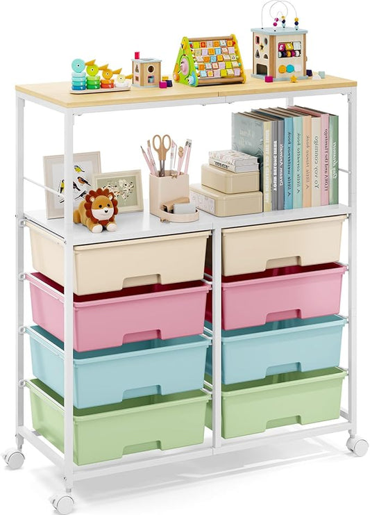 Rolling cart with 8 drawers,Storage drawer cart with wooden tabletop,Lockable wheels organizer for homeschool, arts & crafts, classroom, office & creative spaces (Colorful)