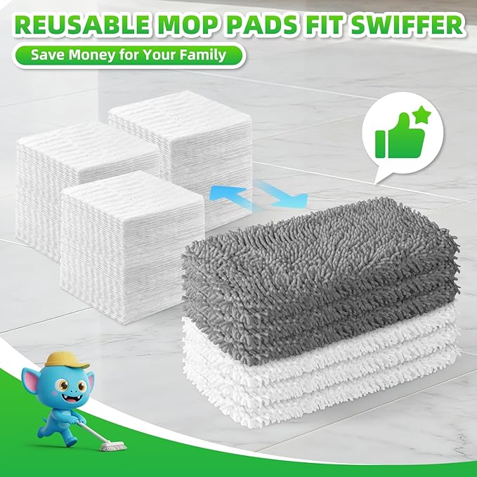 6 Pack Reusable Mop Pads Compatible with Swiffer Sweeper Mop, Wet and Dry Chenille Sweeping Cloths, Washable Pads Refill, Microfiber Pads for Multi-Surface/Hardwood Floor Cleaning (Gray, White)