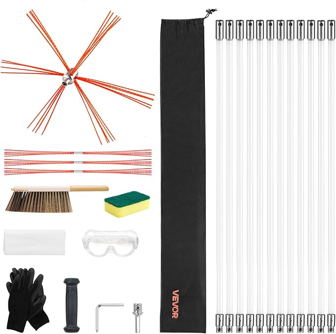 VEVOR Chimney Sweep Kit, 39 ft Maximum Extendable Length Chimney Sweep, Chimneys Cleaning Kit with Bristle Replacements & Goggles, 90° Bendable Fireplace Cleaning Tool, for Square, Rectangle Chimneys