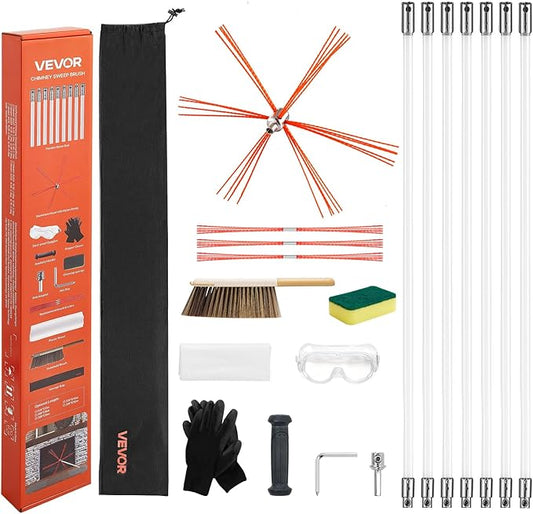 VEVOR Chimney Sweep Kit, 23 ft Maximum Extendable Length Chimney Brush, Chimneys Cleaning Kit with Bristle Replacements & Goggles, 90° Bendable Fireplace Cleaning Tool, for Square, Rectangle Chimneys