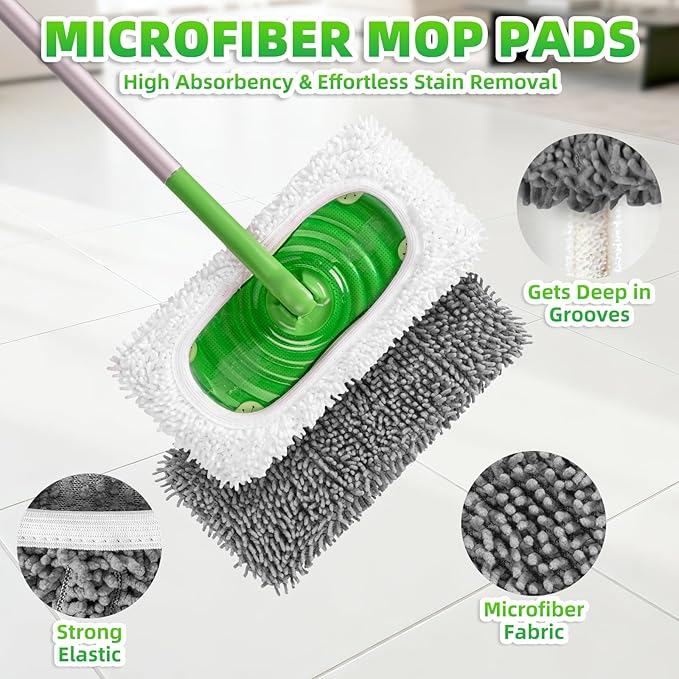 6 Pack Reusable Mop Pads Compatible with Swiffer Sweeper Mop, Wet and Dry Chenille Sweeping Cloths, Washable Pads Refill, Microfiber Pads for Multi-Surface/Hardwood Floor Cleaning (Gray, White)