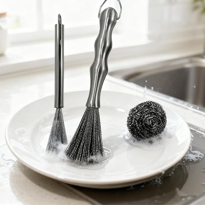 4-Piece Stainless Steel Deep Cleaning Brush Set with Steel Wool Scrubbers, Rust-Resistant Kitchen Brush for Pots, Pans, Plates, and Bowls, Durable One-Piece Handle, Dishwasher Safe