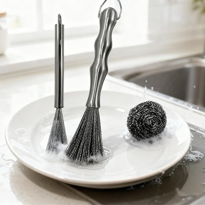 4-Piece Stainless Steel Deep Cleaning Brush Set with Steel Wool Scrubbers, Rust-Resistant Kitchen Brush for Pots, Pans, Plates, and Bowls, Durable One-Piece Handle, Dishwasher Safe