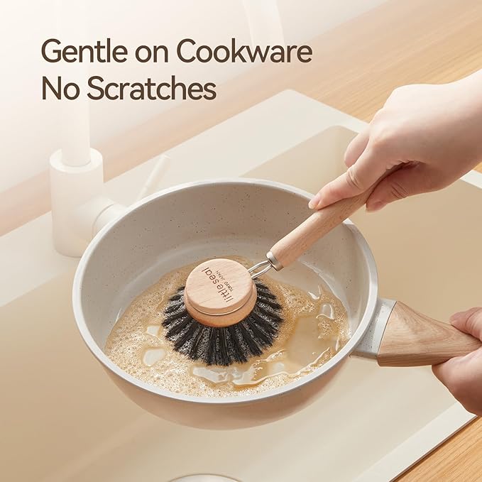 Wooden Dish Brush Natural Bristle Pot Pan Bowl Scrubber Brush - Non-Scratch, Grease Absorbent, Household Cleaning Brushes Gentle for Non-Stick & Cast Iron Cookware- Cleaning Tool Set of 2