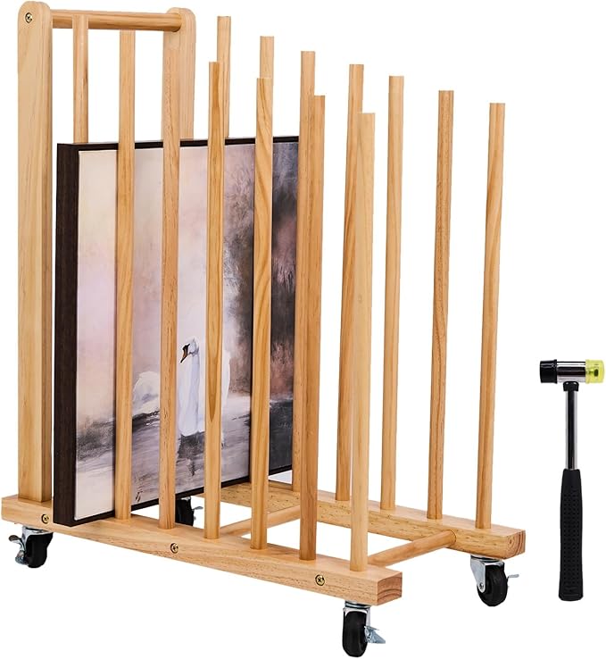 Art Storage Rack with Caster Wheels, Art Drying Rack, Wooden Canvas Storage, Painting Rack, Canvas Organizer Drying Rack for Studios, Artworks, Gallery Art Rack for Display of Canvas, Prints, Panels