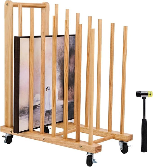 Art Storage Rack with Caster Wheels, Art Drying Rack, Wooden Canvas Storage, Painting Rack, Canvas Organizer Drying Rack for Studios, Artworks, Gallery Art Rack for Display of Canvas, Prints, Panels