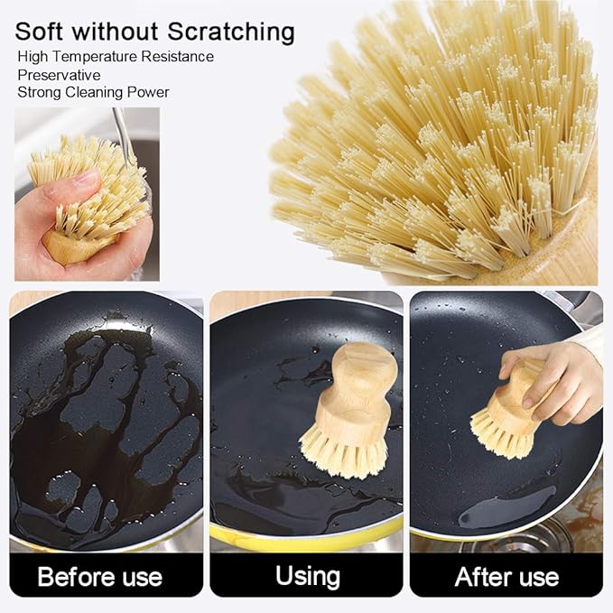 2 Pack Bamboo Dish Scrub Brush, Picowe Natural Scrub Cleaning Brush Vegetable Brush for Dishes Cast Iron Pots Pans, Used in Bathroom Kitchen Sink Household Cleaning