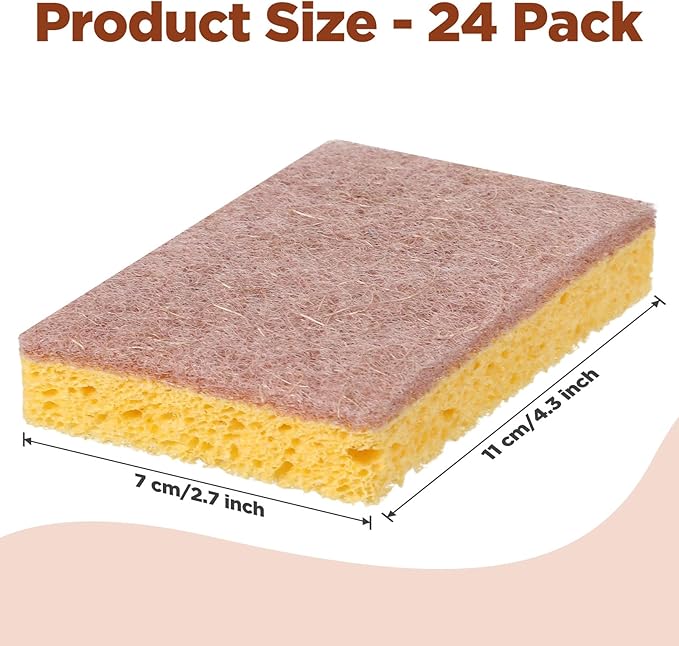 24 Pack Natural Kitchen Sponges – Eco-Friendly, Wood Pulp & Sisal Fiber Sponges for Dishes, Non-Scratch Cleaning