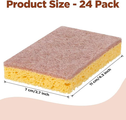 24 Pack Natural Kitchen Sponges – Eco-Friendly, Wood Pulp & Sisal Fiber Sponges for Dishes, Non-Scratch Cleaning