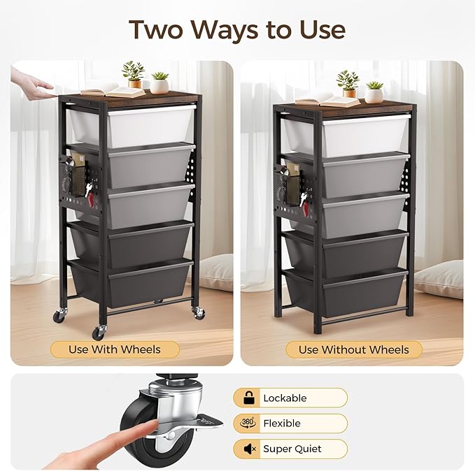 Rolling Cart with 4 Drawers, Plastic Drawer Storage Carts with Wheels & Wooden Tabletop, Metal Utility Cart with Pegboards, Office Living Room Classroom Craft Organization and Storage, Dark Grey