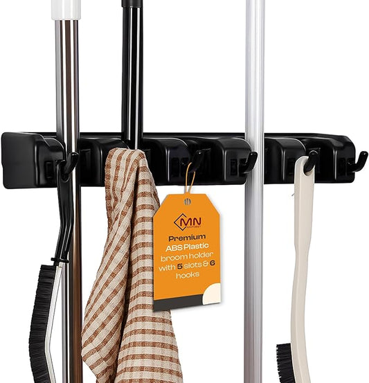 Heavy Duty ABS Plastic Broom Holder with 5 Slots and 6 Hooks | Wall Mount Mop and Broom Hanger | Waterproof Broom Organizer with Screws| Wall Mount Tool Organizer for Garage Storage