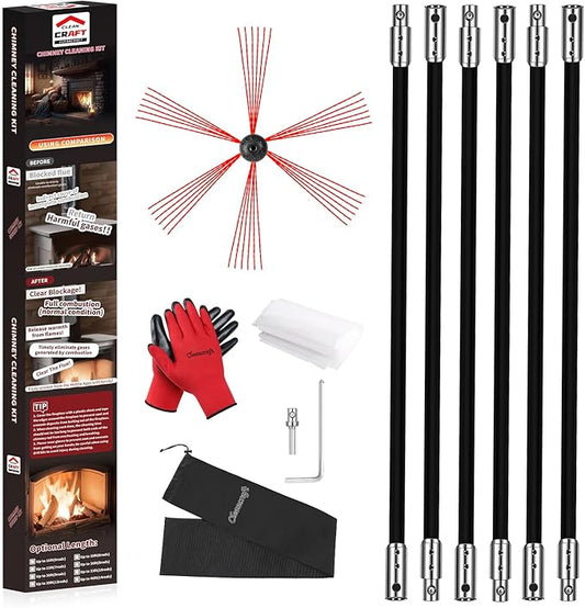 20 Feet Chimney Sweep Kit, Chimney Cleaning Kit with 6 Flexible Black Chimney Rods, Chimney Brush, Rotary Chimney Cleaning System Driven by Drill