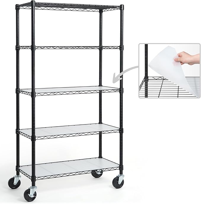CAPHAUS NSF Commercial Grade Heavy Duty Wire Shelving w/Wheels, Leveling Feet & Liners, Metal Shelf, Garage & Utility Storage, 5-Tier 30x14x64