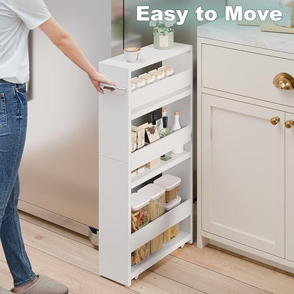 MARTY White Slim Storage Cart with Wheels, 4 Tier Rolling Utility Cart with Handle Slide Out Shelving Unit Organizer Trolley for Laundry Kitchen Bathroom Narrow Places Small Corner