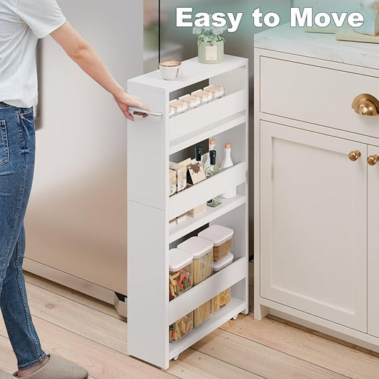 MARTY White Slim Storage Cart with Wheels, 4 Tier Rolling Utility Cart with Handle Slide Out Shelving Unit Organizer Trolley for Laundry Kitchen Bathroom Narrow Places Small Corner