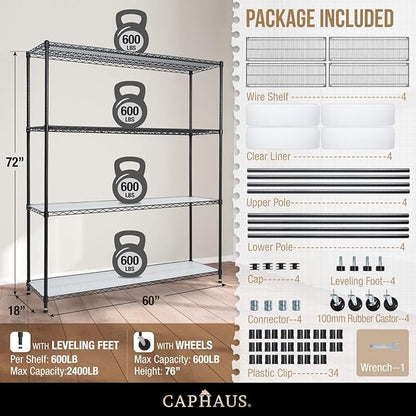 CAPHAUS NSF Commercial Grade Heavy Duty Wire Shelving w/Wheels, Leveling Feet & Liners, Storage Metal Shelf, Garage Shelving Storage, Utility Wire Rack Storage Shelves, 60 x 18 x 76 4-Tier w/Liner