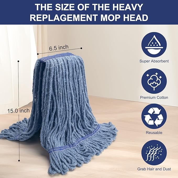 KeFanta 3 Pack Heavy Duty Commercial Mop Head Replacement,Wet Industrial Cotton Looped End String Mops Refill for Floor Cleaning,Blue