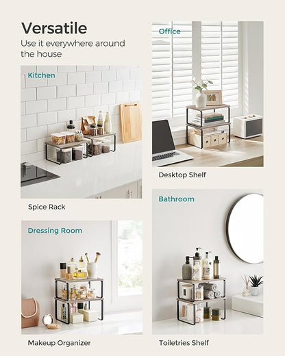 SONGMICS Cabinet Organizer Shelf, Set of 2 Kitchen Counter Shelves, Kitchen Storage, Spice Rack, Stackable, Expandable, Metal and Engineered Wood, Ink Black and Heather Greige UKCS020X02