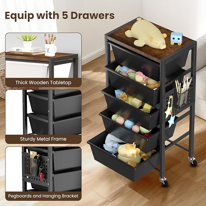 Rolling Cart with 5 Drawers, Plastic Drawer Storage Carts with Wheels & Wooden Tabletop, Metal Utility Cart with Pegboards, Office Living Room Classroom Craft Organization and Storage, Dark Black