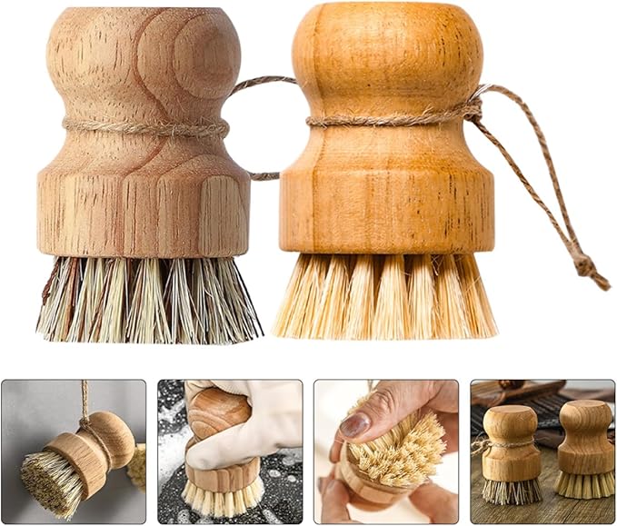 Multi-Function Dish Scrub Brush Wok Cleaning Brush 2pcs with Short Handles Natural Sisal Coconut Fiber Bristles Portable Kitchen Cleaning Accessories for Household Cookware
