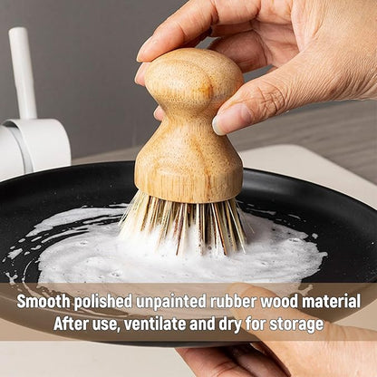 Natural Coconut Fiber Pot Scrubber Brushes with Quick-Dry Stand, Rubberwood Handle for Stubborn Pans & Kitchen Cleaning,2Pcs