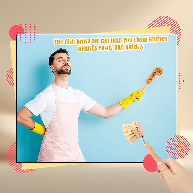 12 Pcs Bamboo Dish Brush Set with 65 Ft Hemp Rope Wooden Palm Pot Brush Natural Scrubbers Brushes Sisal Bristles for Pans, Bottle, Sink Kitchen Cleaning