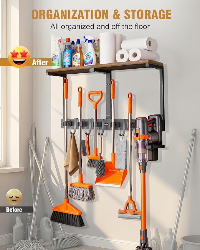 Broom Holder Wall Mount with Top Wooden Shelf, Heavy Duty Metal Cleaning Supplies Broom Hanger with Vacuum Organizer and 5 Slots & 5 Hooks for Garage Tool Storage Laundry Kitchen (Large)