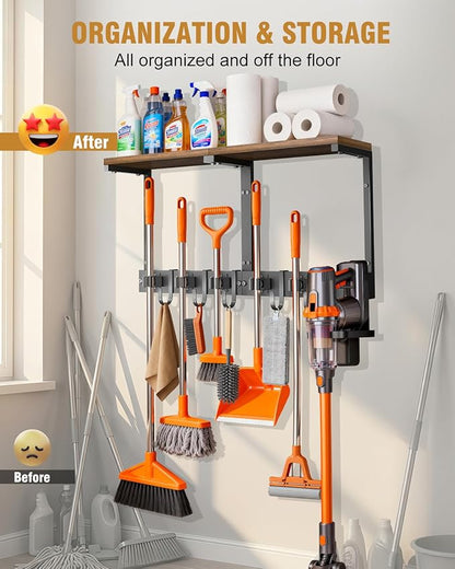 Broom Holder Wall Mount with Top Wooden Shelf, Heavy Duty Metal Cleaning Supplies Broom Hanger with Vacuum Organizer and 5 Slots & 5 Hooks for Garage Tool Storage Laundry Kitchen (Large)