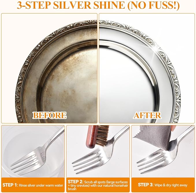 Horsehair Silver Cleaning Brush Set - 2PCS Premium Detailing Brush & Polishing Cloth for Silverware, Jewelry, Plateware & Sterling Silver