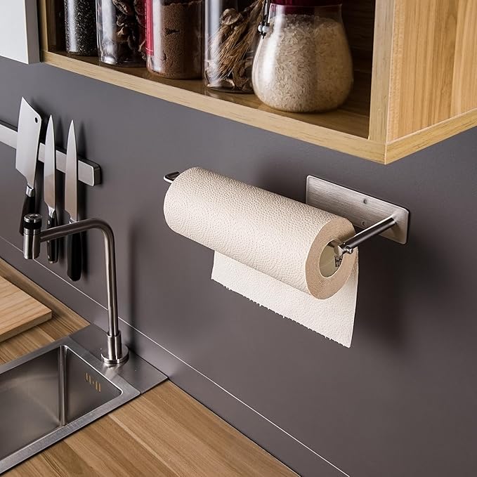 SUNTECH Paper Towel Holder Under Cabinet - Self Adhesive Towel Paper Holder Stick on Wall for Kitchen, Bathroom Paper Towel Holder Organizer&Storage&Decor, Stainless Steel