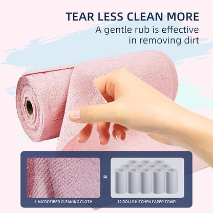 & PLUSH Microfiber Cleaning Cloth Roll - 100 Pack, Tear Away Microfiber Towels, 12" x 12", Reusable, Washable, Streak Free, Ultra Absorbent Dish Rags for Car, Home, Garage or Shop (Pink)