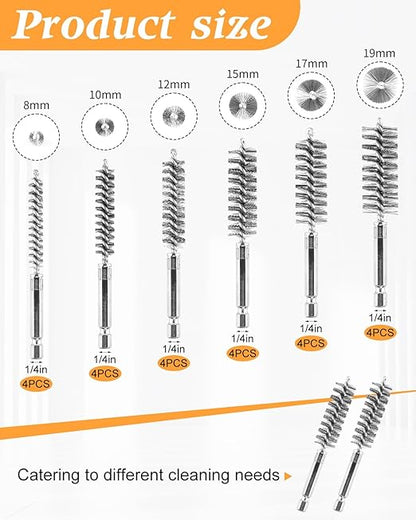 24 pcs Bore Brush for Drill, Stainless Steel Wire Cleaning Brush Set, Abrasive Wire Bore Brushes Set with 1/4 Inch Hex Shank for Rust, Cleaning Tubes (8/10/12/15/17/19MM)