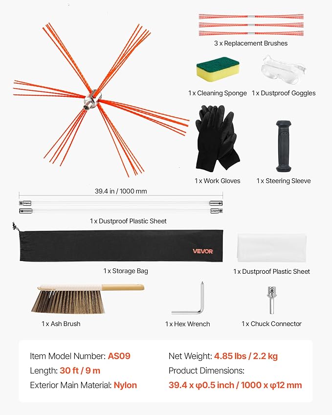 VEVOR Chimney Sweep Kit, 30 ft Maximum Extendable Length Chimney Sweep, Chimneys Cleaning Kit with Bristle Replacements & Goggles, 90° Bendable Fireplace Cleaning Tool, for Square, Rectangle Chimneys