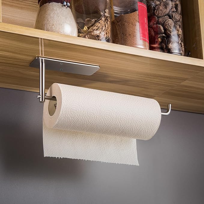 SUNTECH Paper Towel Holder Under Cabinet - Self Adhesive Towel Paper Holder Stick on Wall for Kitchen, Bathroom Paper Towel Holder Organizer&Storage&Decor, Stainless Steel