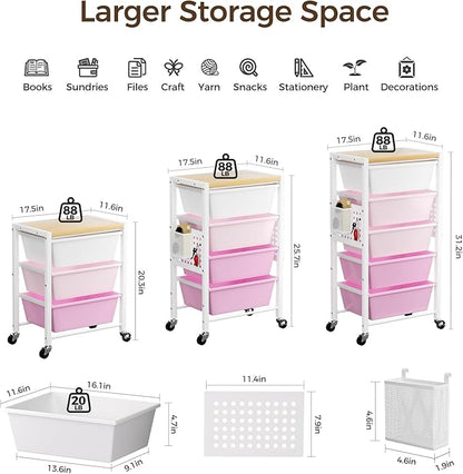 Rolling Cart with 5 Drawers, Plastic Drawer Storage Carts with Wheels & Wooden Tabletop, Metal Utility Cart with Pegboards, Office Living Room Classroom Craft Organization and Storage, Bright Pink