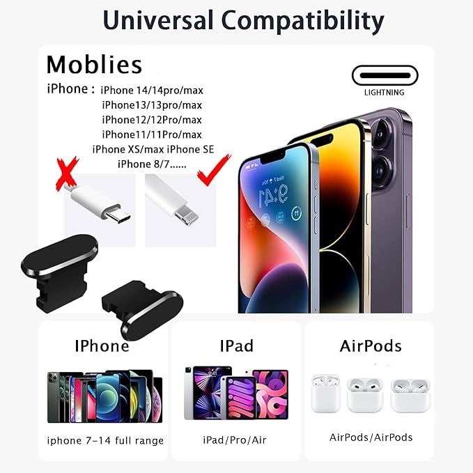 Mobile Phone Speaker Metal Dust Mesh, Charging Port dust Plug, Cleaning Brush Cleaning Tool Set for iPhone 14 13 12 11 X XS XR 8 7 SE Series (Lightning)