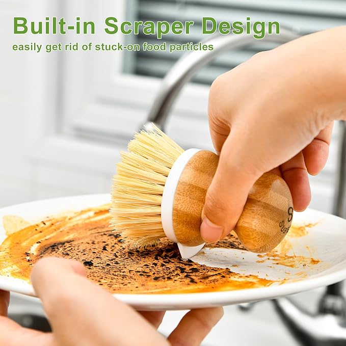 SUBEKYU Bamboo Dish Brush, Kitchen Dish Scrubber Brush with Soap Dispenser, Natural Wooden Dishwashing Brush for Cleaning Dishes/Pans/Pots, Built-in Scraper, Sisal Bristles,1 Set
