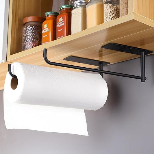 SUNTECH 2 Pack Paper Towel Holder Under Cabinet, Adhesive or Drilling Paper Towel Holder Wall Mounted, Stainless Steel Kitchen Towel Roll Holder for Bathroom, RV (Black)