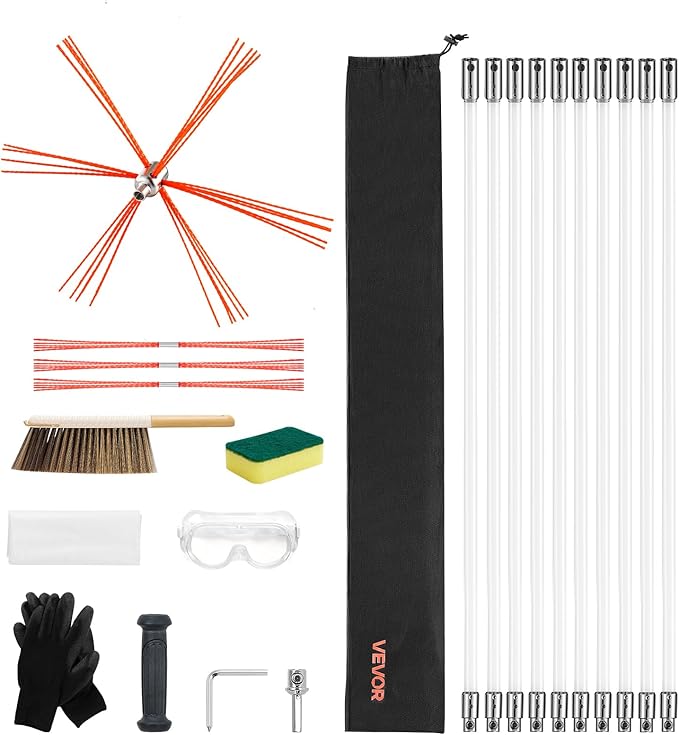 VEVOR Chimney Sweep Kit, 33 ft Maximum Extendable Length Chimney Brush, Chimneys Cleaning Kit with Bristle Replacements & Goggles, 90° Bendable Fireplace Cleaning Tool, for Square, Rectangle Chimneys