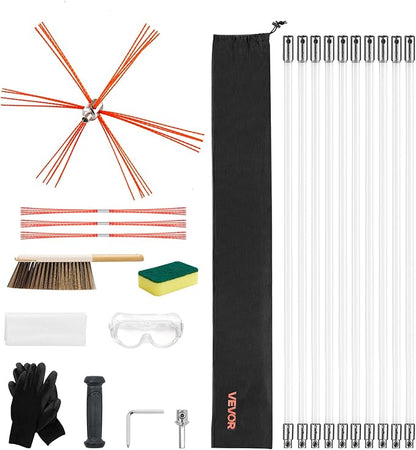 VEVOR Chimney Sweep Kit, 33 ft Maximum Extendable Length Chimney Brush, Chimneys Cleaning Kit with Bristle Replacements & Goggles, 90° Bendable Fireplace Cleaning Tool, for Square, Rectangle Chimneys