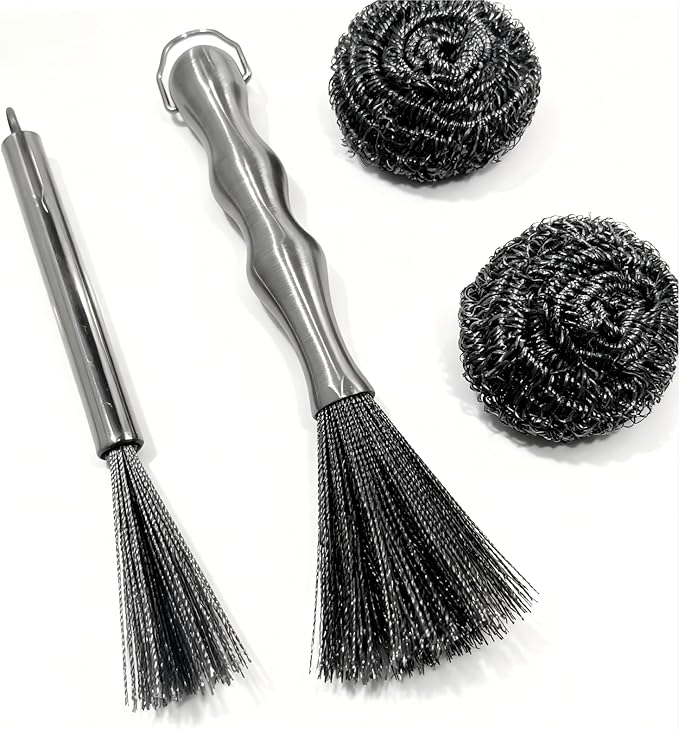 4-Piece Stainless Steel Deep Cleaning Brush Set with Steel Wool Scrubbers, Rust-Resistant Kitchen Brush for Pots, Pans, Plates, and Bowls, Durable One-Piece Handle, Dishwasher Safe